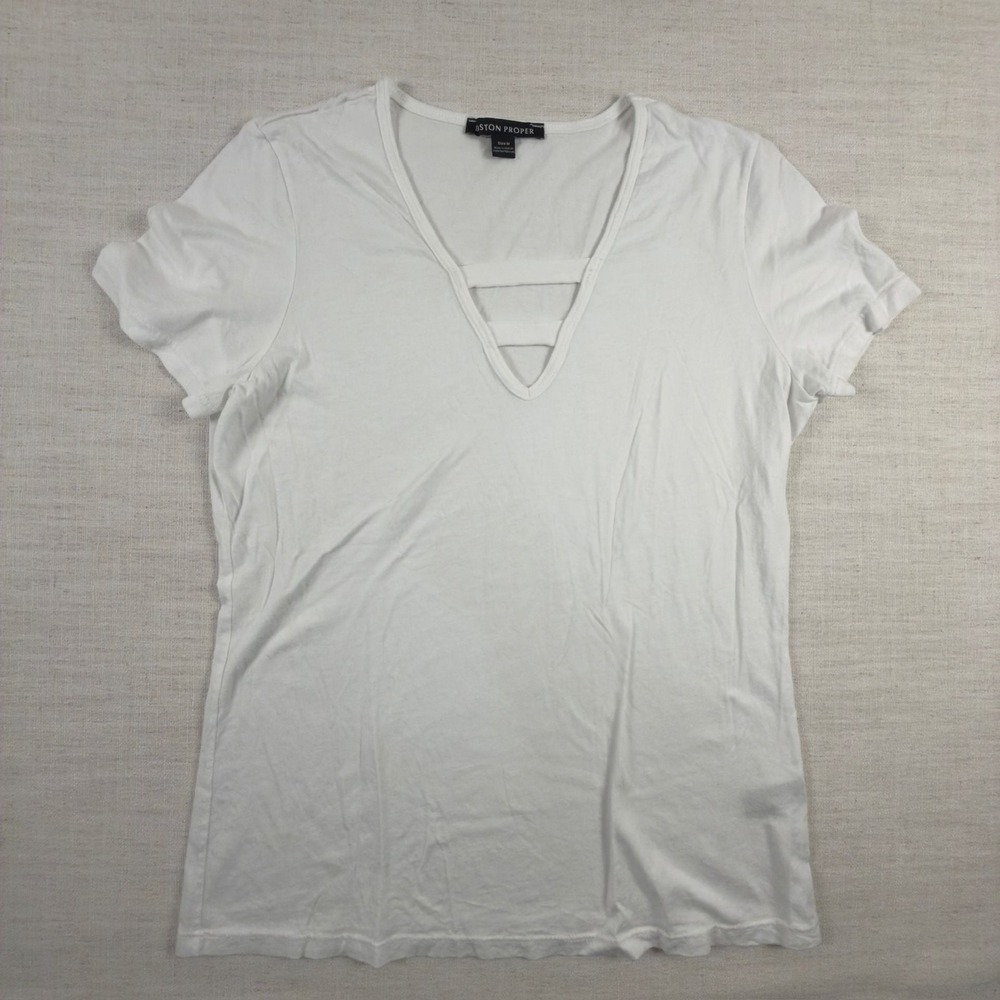 Boston Proper White V-Neck Cutout T-Shirt Size M